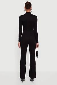 Womens Ribbed Knit Zip Front Mock Neck Jumpsuit,