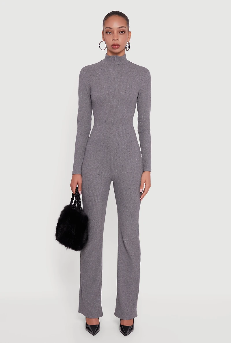 Womens Ribbed Knit Zip Front Mock Neck Jumpsuit, Grey, Size M