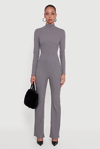Womens Ribbed Knit Zip Front Mock Neck Jumpsuit, Grey, Size M