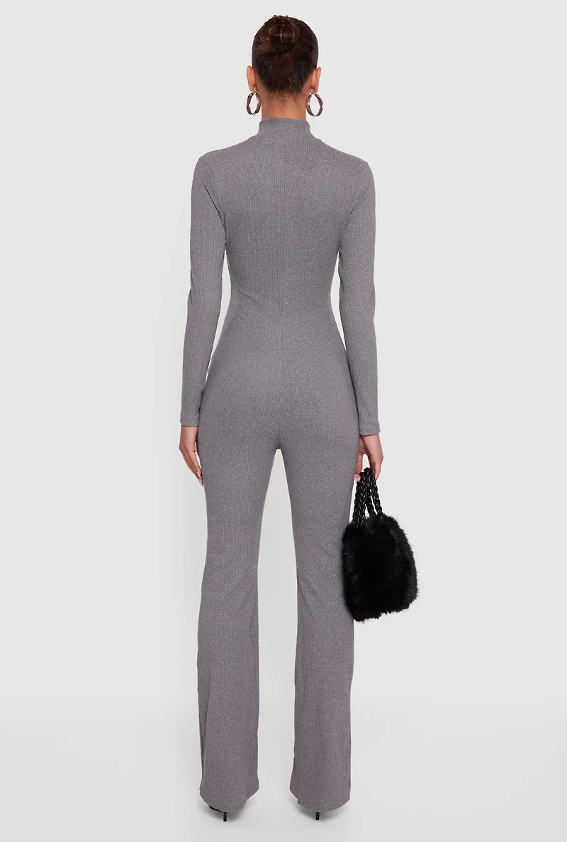Womens Ribbed Knit Zip Front Mock Neck Jumpsuit, Grey, Size M