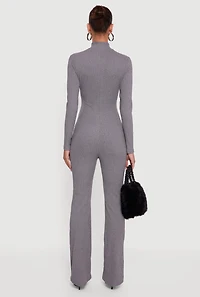 Womens Ribbed Knit Zip Front Mock Neck Jumpsuit, Grey, Size M