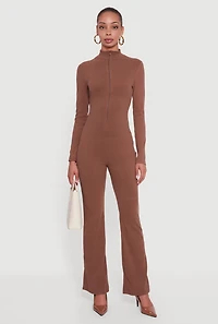 Ribbed Knit Zip Front Mock Neck Jumpsuit