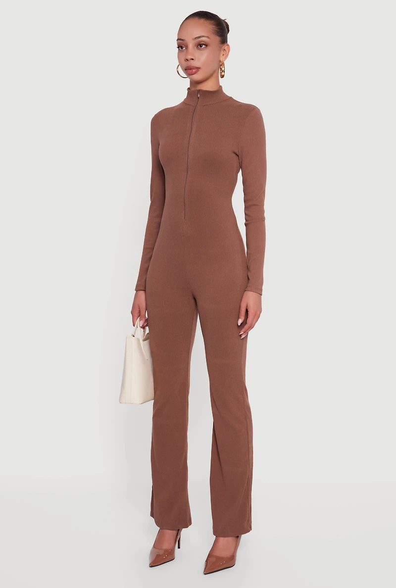 Ribbed Knit Zip Front Mock Neck Jumpsuit