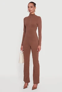 Ribbed Knit Zip Front Mock Neck Jumpsuit