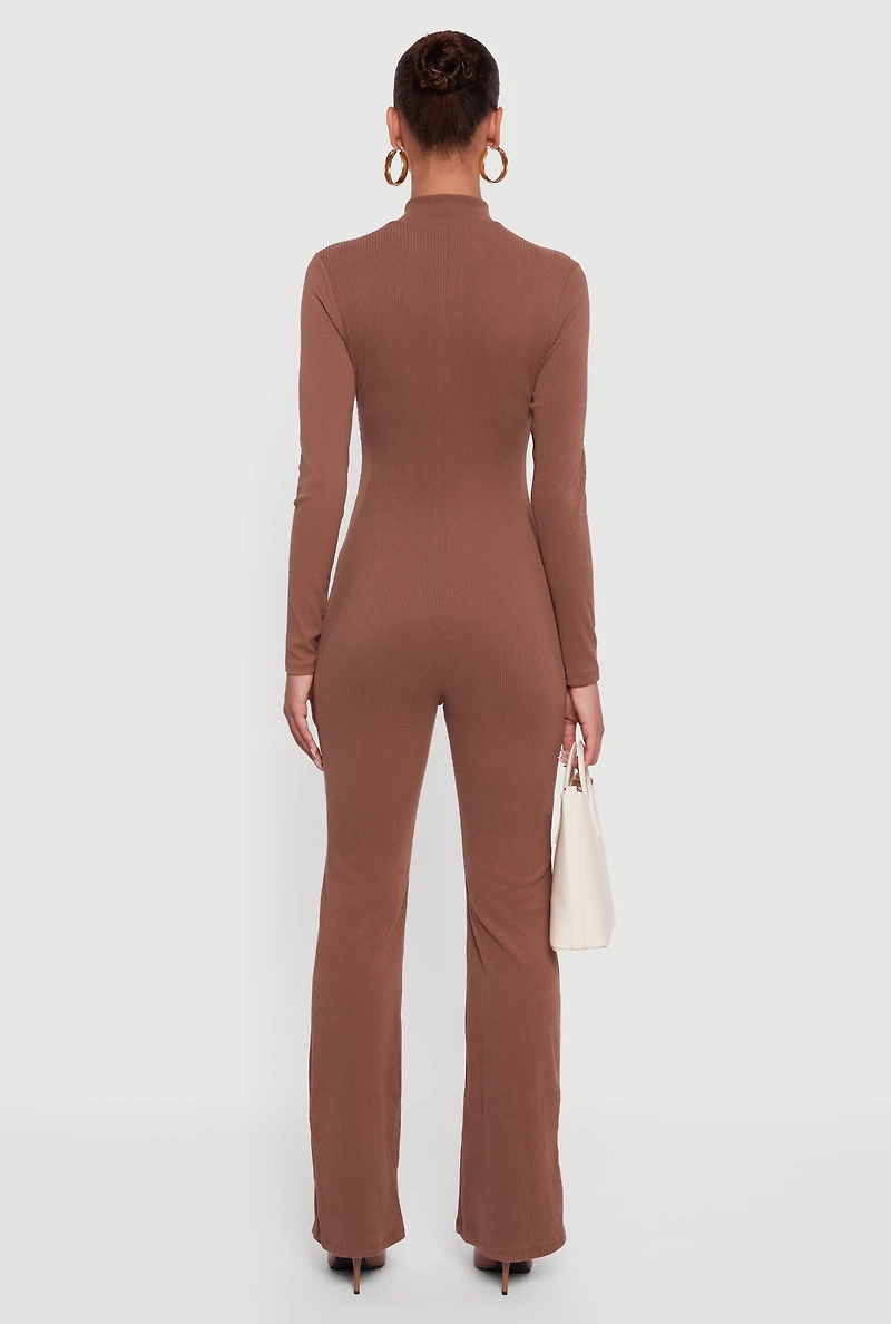 Ribbed Knit Zip Front Mock Neck Jumpsuit
