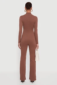 Ribbed Knit Zip Front Mock Neck Jumpsuit