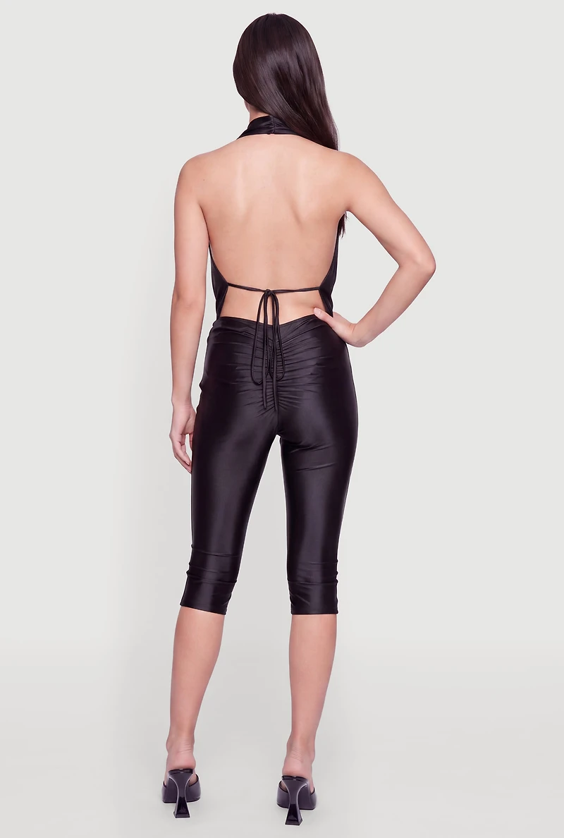 Asymmetrical Plunge Halter Neck Capri Jumpsuit