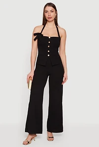 Almost Famous Crepe Knit Halter Jumpsuit with Bow Detail
