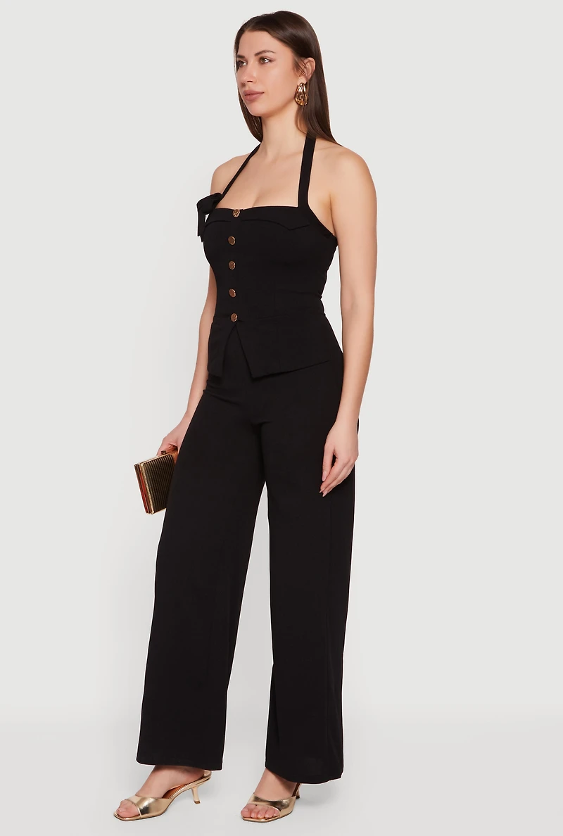 Almost Famous Crepe Knit Halter Jumpsuit with Bow Detail