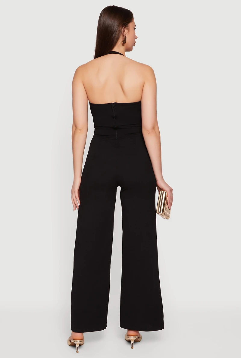 Almost Famous Crepe Knit Halter Jumpsuit with Bow Detail