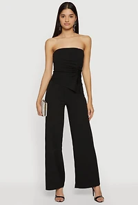 Strapless Crepe Knit Jumpsuit with Asymmetrical Drawstring