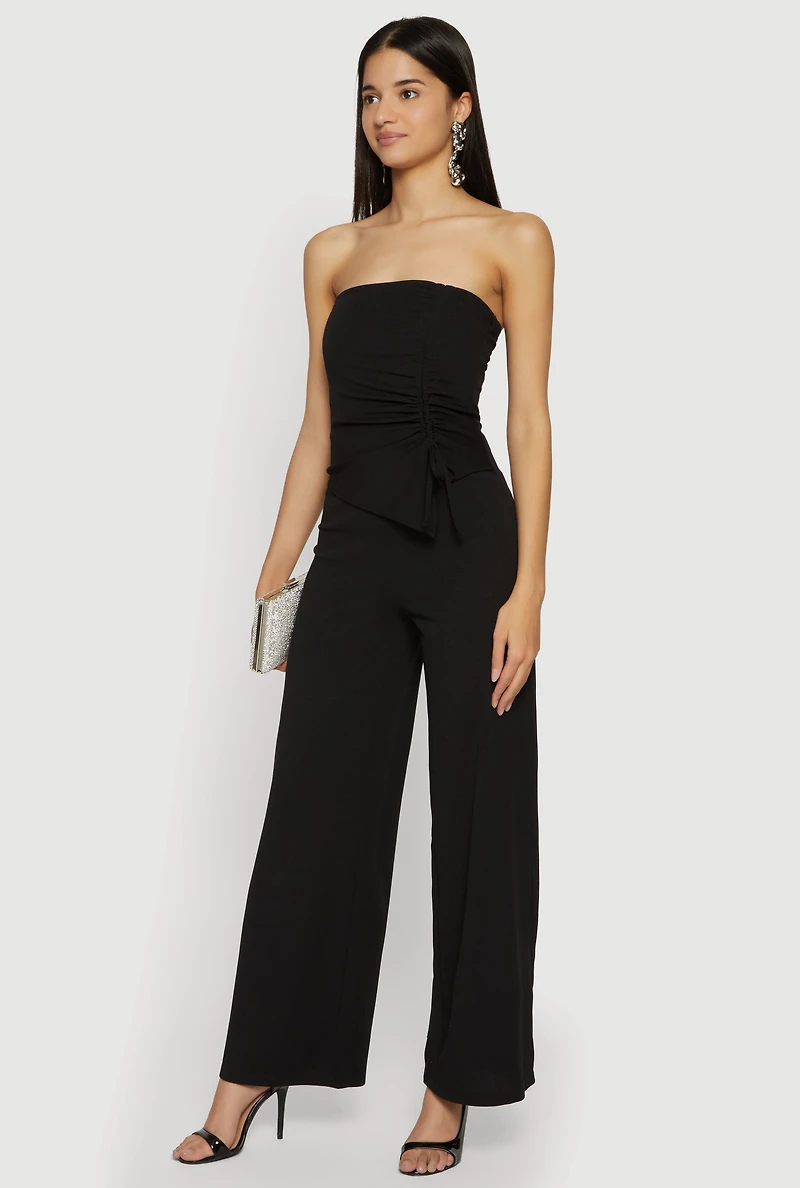 Strapless Crepe Knit Jumpsuit with Asymmetrical Drawstring