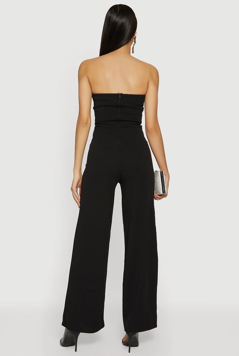 Strapless Crepe Knit Jumpsuit with Asymmetrical Drawstring