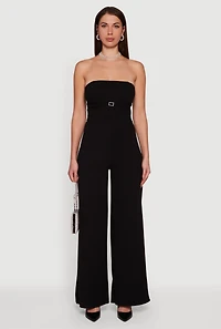 Womens Rhinestone Buckle Detail Tube Jumpsuit, Black,