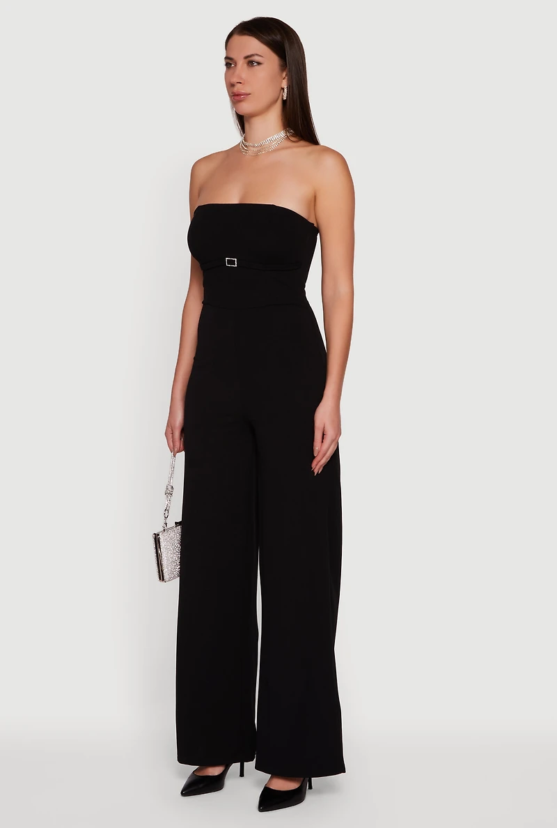 Womens Rhinestone Buckle Detail Tube Jumpsuit, Black,