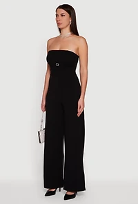 Womens Rhinestone Buckle Detail Tube Jumpsuit, Black,