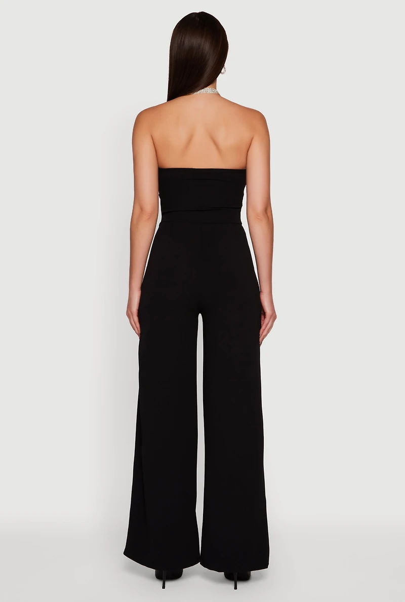 Womens Rhinestone Buckle Detail Tube Jumpsuit, Black,