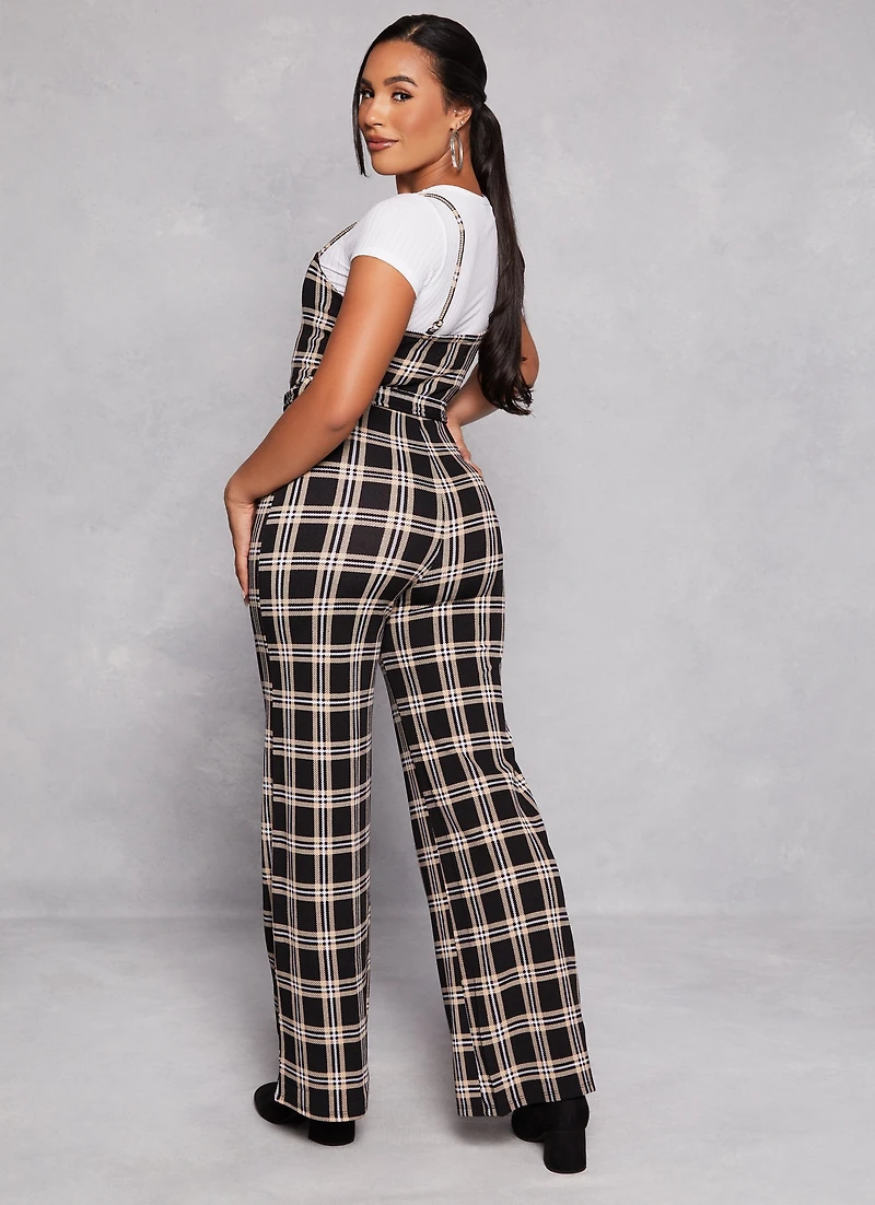 Almost Famous Plaid Belted Cami Jumpsuit with Tee