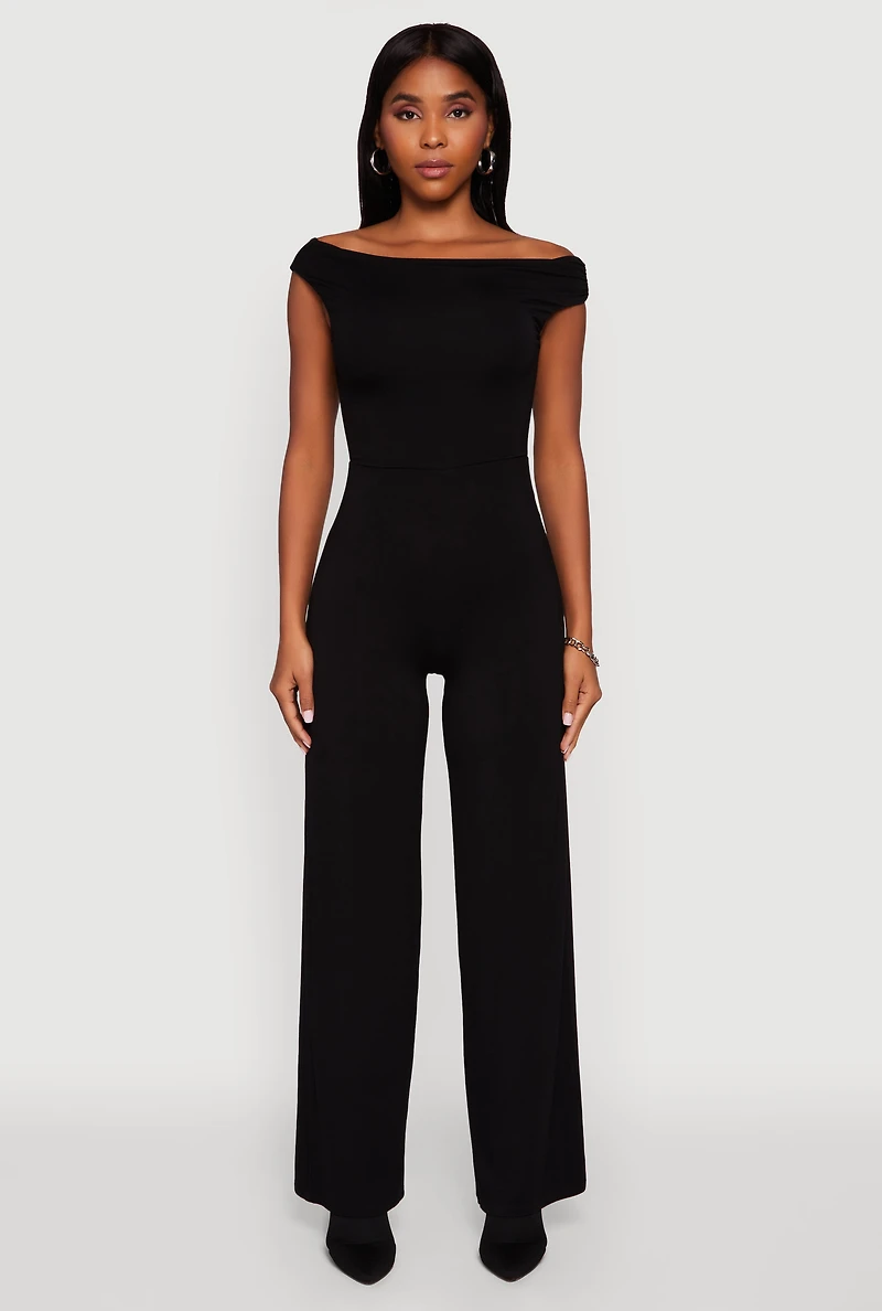 Womens Boat Neck Wide Leg Jumpsuit, Black, Size M