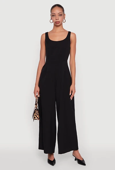 Womens Solid Crepe Knit Sleeveless Jumpsuit with Zip Back, Black, Size S