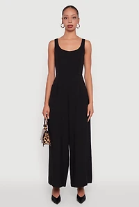 Womens Solid Crepe Knit Sleeveless Jumpsuit with Zip Back, Black, Size S
