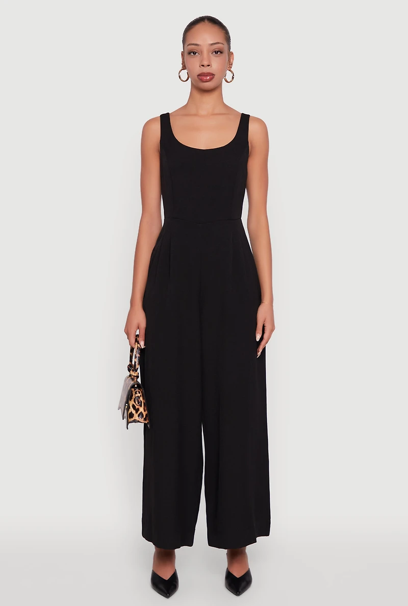 Womens Solid Crepe Knit Sleeveless Jumpsuit with Zip Back, Black, Size M