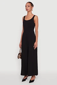 Womens Solid Crepe Knit Sleeveless Jumpsuit with Zip Back, Black, Size L