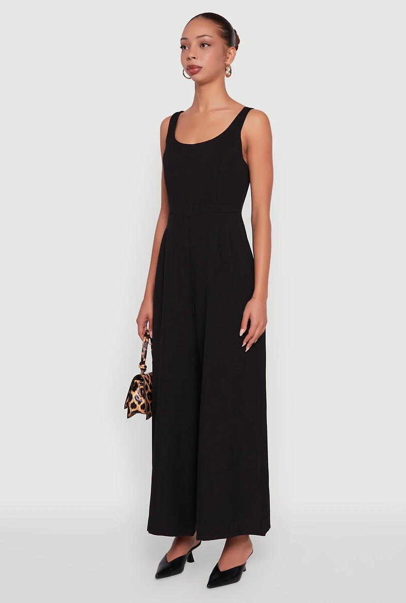 Womens Solid Crepe Knit Sleeveless Jumpsuit with Zip Back, Black, Size M