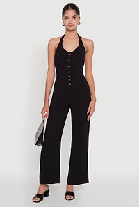 Womens Crepe Knit Button Front Halter Jumpsuit,