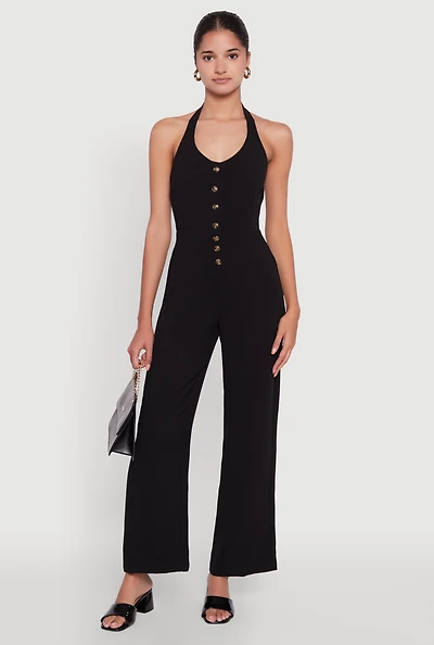 Womens Crepe Knit Button Front Halter Jumpsuit, Black, Size S