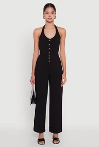 Womens Crepe Knit Button Front Halter Jumpsuit,