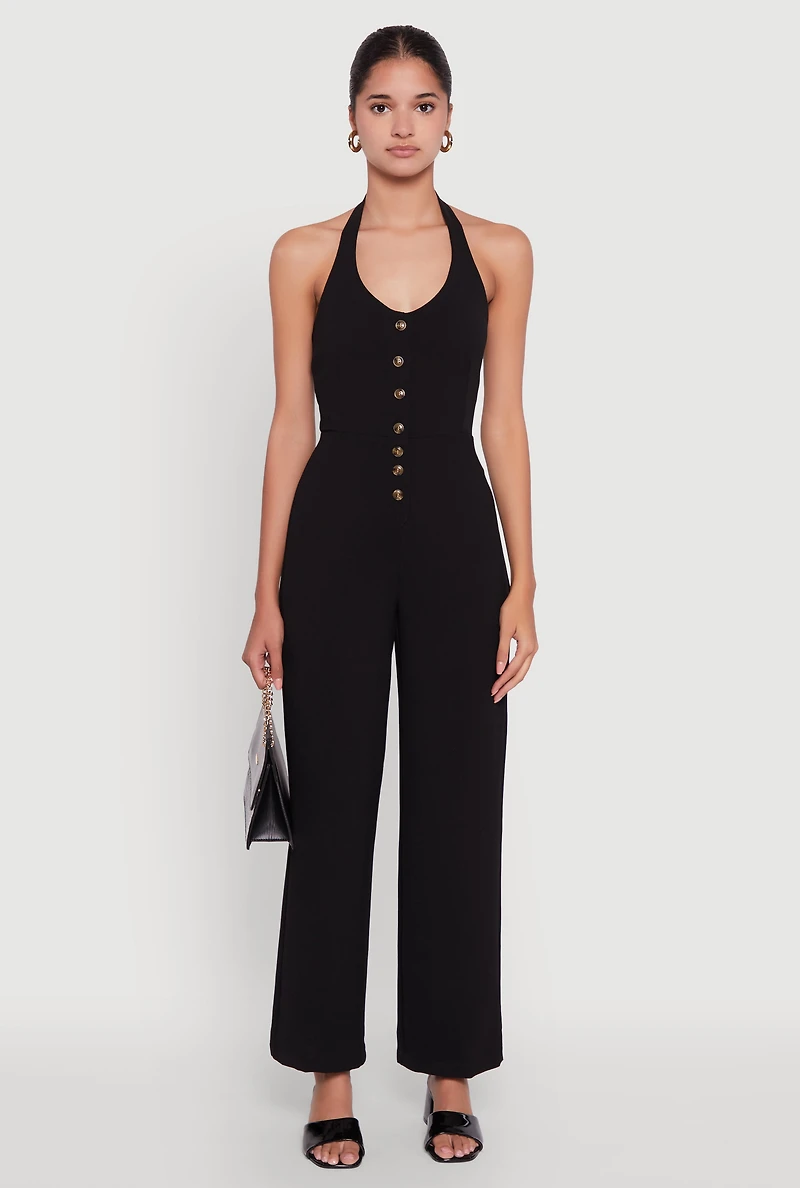 Womens Crepe Knit Button Front Halter Jumpsuit, Black,