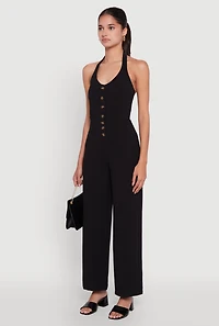 Womens Crepe Knit Button Front Halter Jumpsuit, XL