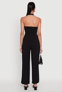Womens Crepe Knit Button Front Halter Jumpsuit, XL