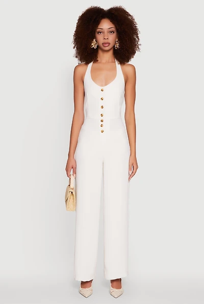 Womens Crepe Knit Button Front Halter Jumpsuit, White,