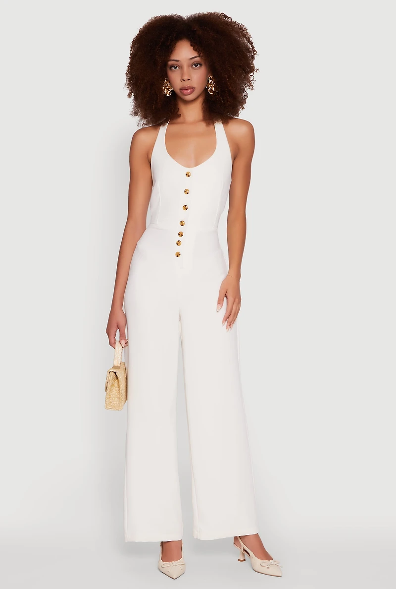 Womens Crepe Knit Button Front Halter Jumpsuit, White,