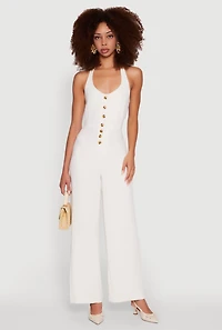 Womens Crepe Knit Button Front Halter Jumpsuit, White,