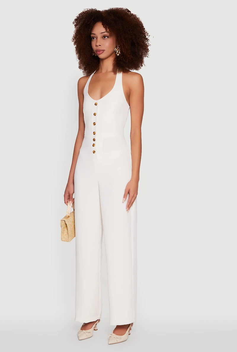 Womens Crepe Knit Button Front Halter Jumpsuit, White,