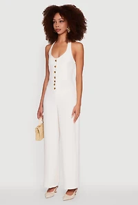 Womens Crepe Knit Button Front Halter Jumpsuit, White,