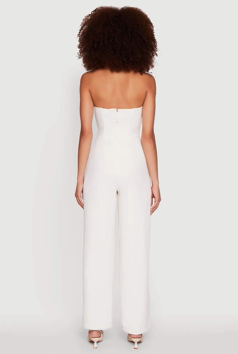 Womens Crepe Knit Button Front Halter Jumpsuit, White,