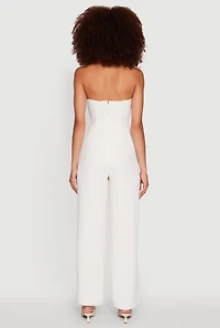 Womens Crepe Knit Button Front Halter Jumpsuit, White,