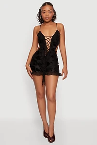 Floral Velvet Burnout Mesh Ruffle Lace Up Romper