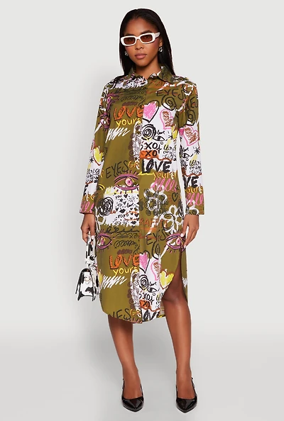 Womens Spoon Jeans Graffiti Print Shirt Dress, Green, Size M