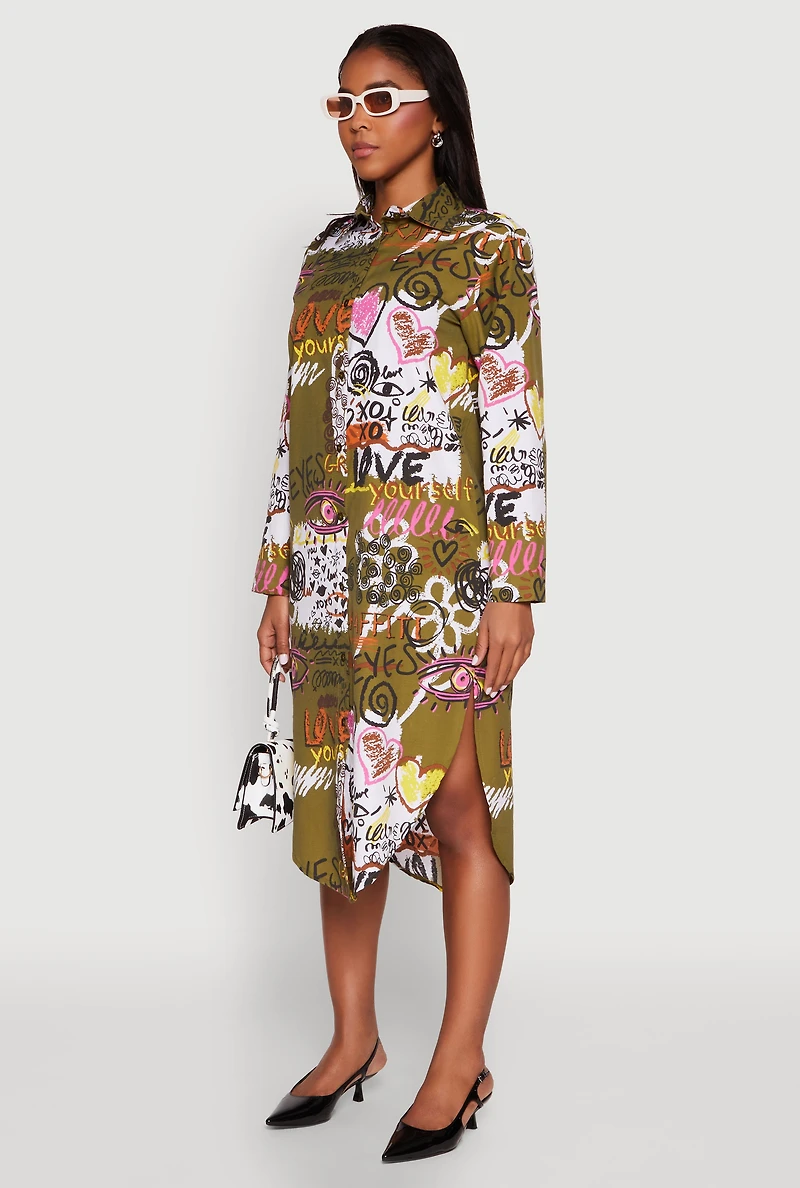 Womens Spoon Jeans Graffiti Print Shirt Dress, Green, Size M