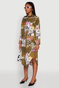 Womens Spoon Jeans Graffiti Print Shirt Dress, Green, Size M