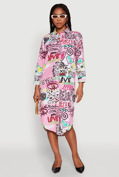 Womens Spoon Jeans Graffiti Print Shirt Dress, Pink, Size M