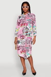 Womens Spoon Jeans Graffiti Print Shirt Dress, Pink, Size M