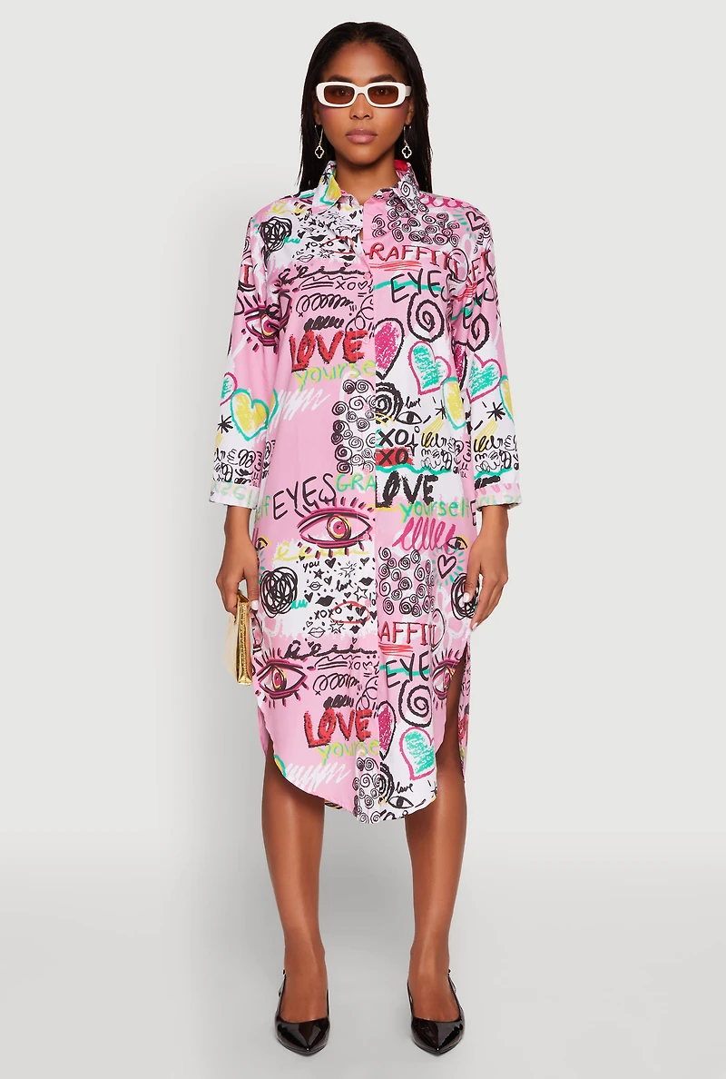 Womens Spoon Jeans Graffiti Print Shirt Dress, Pink, Size M