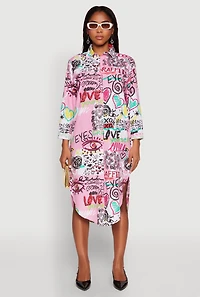 Womens Spoon Jeans Graffiti Print Shirt Dress, Pink, Size M