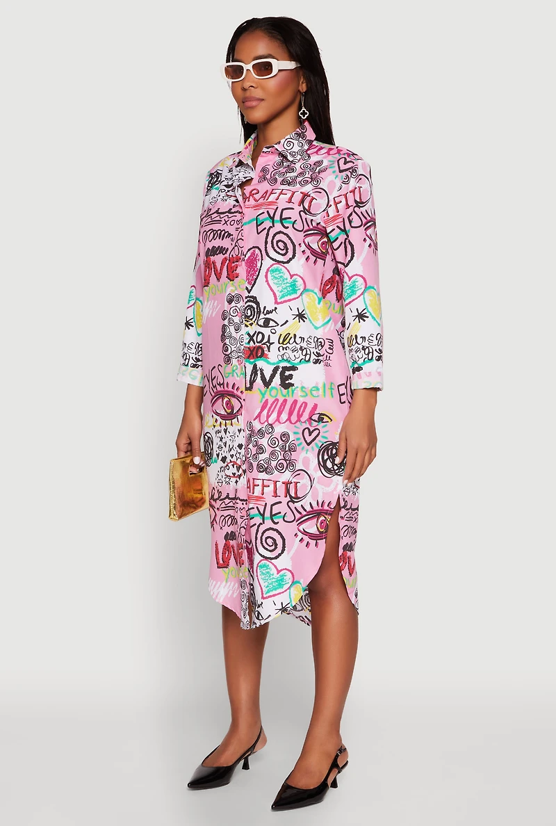 Womens Spoon Jeans Graffiti Print Shirt Dress, Pink, Size M